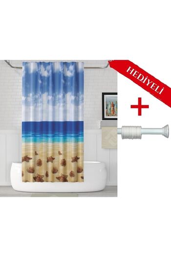 Tropikhome Mavi Kahve Banyo Perdesi Askı Hediyeli 180x200cm Tek Kanat Duş Perdesi, Deniz Kum Banyo Duş Perdesi