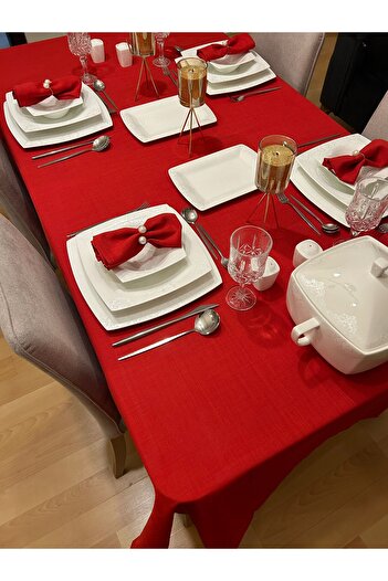 Zeren Home Meral Kurşun Collection Polyester Keten Dertsiz Masa Örtüsü Kırmızı