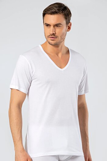 Cacharel Men's V-Neck Single Jersey Undershirt - 3 Pieces, 50% Modal 50% Cotton