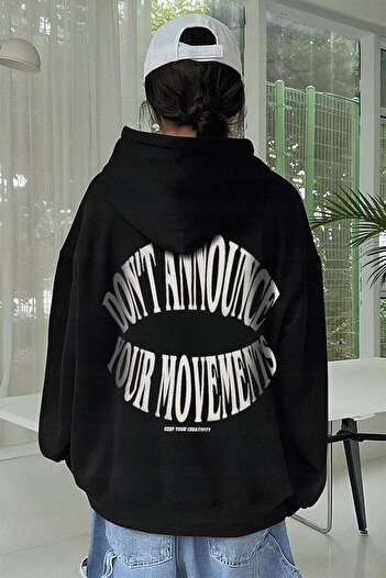 Millionaire Kadın Siyah Dont Announce Baskılı 3 iplik Şardonlu Kapüşonlu Oversize Salaş Bol Kesim Hoodie Sweatsh