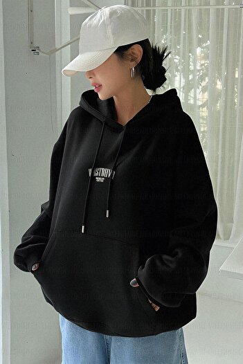 Millionaire Kadın Siyah Dont Announce Baskılı 3 iplik Şardonlu Kapüşonlu Oversize Salaş Bol Kesim Hoodie Sweatsh