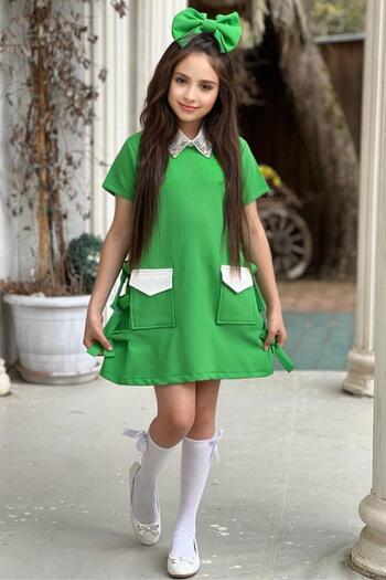 Riccotarz Stone Embroidered Green Girl's Dress - Short Sleeve, Bow Detail and Pocket