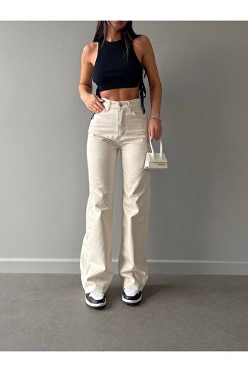 MAKRAS EXCLUSIVE High Waist Cream Boyfriend Pants - Loose and Wide Leg