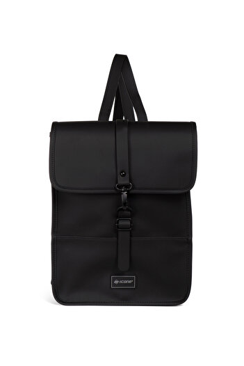 ICONE BAG Black Faux Leather Icone Matte Backpack with Hook Closure
