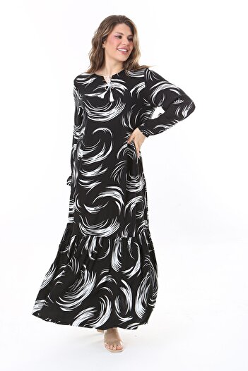 Şans Plus Size Black Viscose Dress with Layered Skirt - Long Sleeve 65N37958