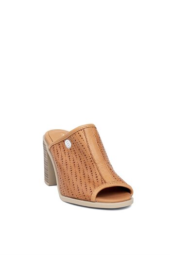 Mammamia D24YT-2150 Tan Women's Genuine Leather Heeled Slippers