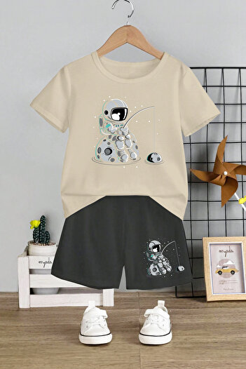MYADA Astronaut Printed 2-Piece Kids Set - Crew Neck and Elastic Shorts 12344
