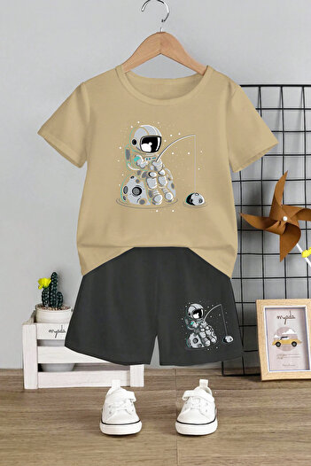 MYADA Astronaut Printed 2-Piece Kids Set - Crew Neck and Elastic Shorts 12344
