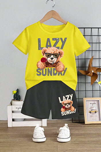 MYADA Crew Neck Lazy Sunday Rose Printed Kids Set - Elastic Shorts, 12659