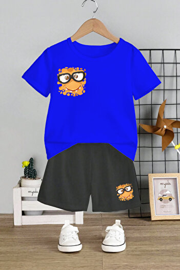 MYADA Crew Neck and Smiling Face Printed Children's Set with Elastic Shorts - 11074