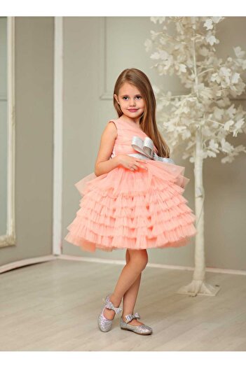 Magu Puffy Girl's Evening Dress with Powder Bow and Layered Tutu Skirt