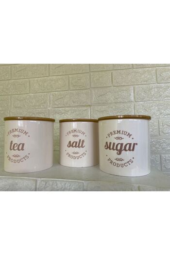 devigo 3'lü Vakumlu Kapaklı Porselen 1000 ml Tea/Salt/Sugar Çay Tuz Şeker Kavanoz Seti