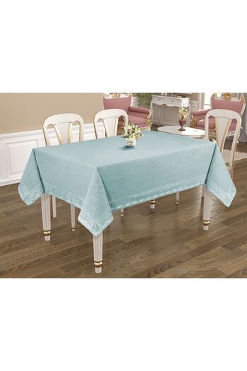 Tropikhome Keten Dokulu Şık Dantel Detaylı Masa Örtüsü 150x220 cm Mavi