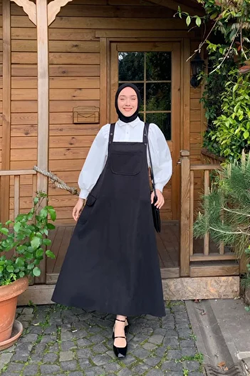 Ceylan Otantik Black Linen Skirt Salopet & White Classic Collar Crop Shirt