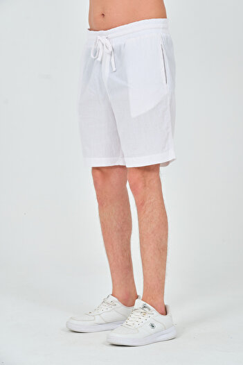 prtfashion Λευκό κοντό λινό σορτς - 100% βαμβάκι, Unisex, κανονική εφαρμογή