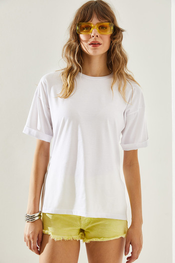 Bianco Lucci Crew Neck Women's T-Shirt with Slit Sleeve Detail - Short Sleeve Basic Model60251203