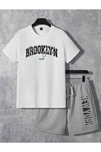 donamod Brooklyn New York Boston εμπριμέ λευκό μπλουζάκι και γκρι σορτς - Σετ κοστουμιού με λαιμόκοψη
