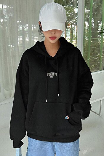 Millionaire Γυναικεία μαύρα Dont Announce Εκτυπωμένα 3 νήματα Raised Hooded Oversize Loose Cut Hoodie Sweatsh