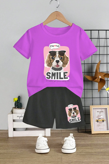 MYADA Crew Neck Elastic Smile Glasses Dog Printed Children's Set - 12701