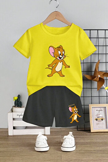 MYADA Jerry Cartoon Printed 2-Piece Kids Set - Crew Neck, Elastic Shorts, 12439