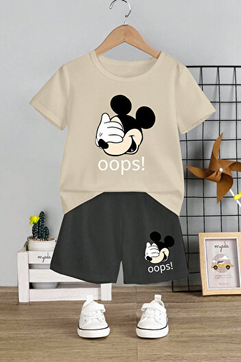 MYADA Oops!Miki Printed Children's Set - Crew Neck, Elastic Shorts, Text Set of 2 12449