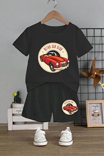 MYADA Retro Car Club Patterned Children's Set with Crew Neck and Elastic Shorts - Set of 2 12566