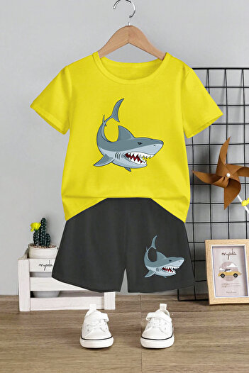 MYADA Shark Printed Children's Set - Crew Neck, Elastic Shorts, Set of 2 12490