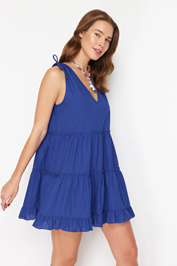 Trendyol Collection Rochie de plajă, 100% bumbac, mini țesut cu volane, Saks TBESS21EL1247