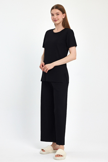 MEBA Women's Seasonal Short Sleeve Corded Black Pajama Set