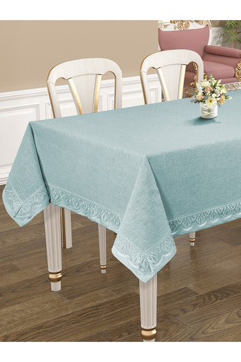 Tropikhome Keten Dokulu Şık Dantel Detaylı Masa Örtüsü 150x220 cm Mavi