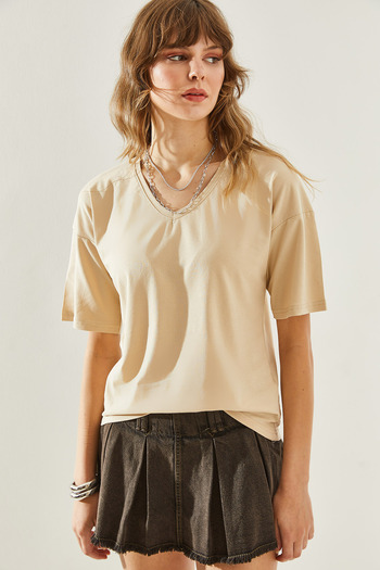 Bianco Lucci V-Neck Short Sleeve Women's T-Shirt -60251204