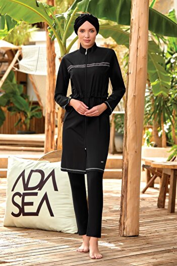 ZF BUTİK Black Hijab Swimsuit - Zippered and Full Covered ZF Swimsuit