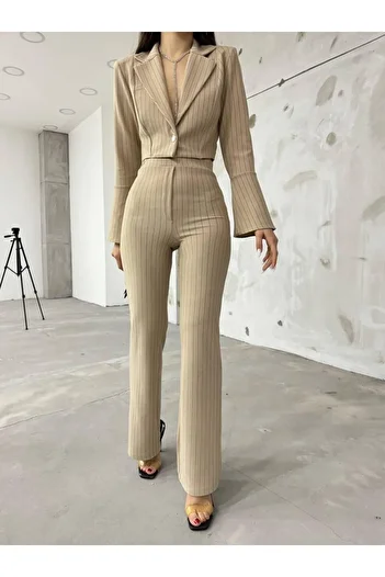 ALLEYTA Set de pantaloni de damă, cu un singur buton, cu detaliu, în dungi