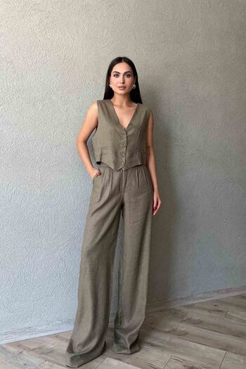Seda Yalçın Atelier Relaxed Cut Linen Trousers - Khaki Pleat Detail