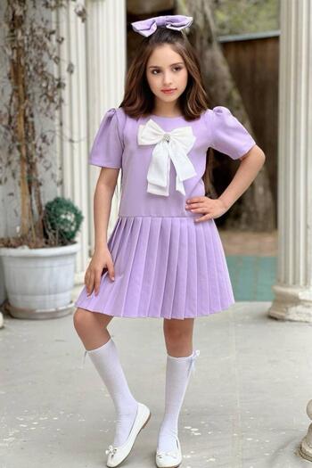 Riccotarz Lilac Girl's Dress - Bow Detail and Pleated Skirt
