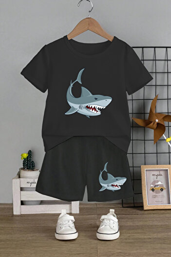 MYADA Shark Printed Children's Set - Crew Neck, Elastic Shorts, Set of 2 12490