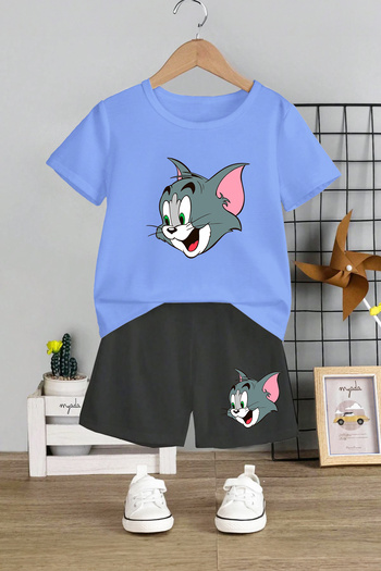 MYADA Crew Neck Elastic Shorts Tom Cartoon Printed Children's Set - 12438