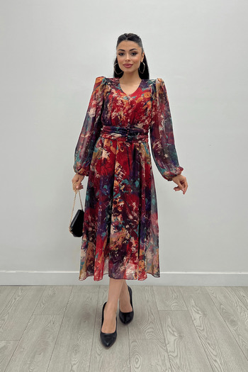 giyimmasalı Red Midi Dress - Patterned and Elastic Waist Siphon Fabric