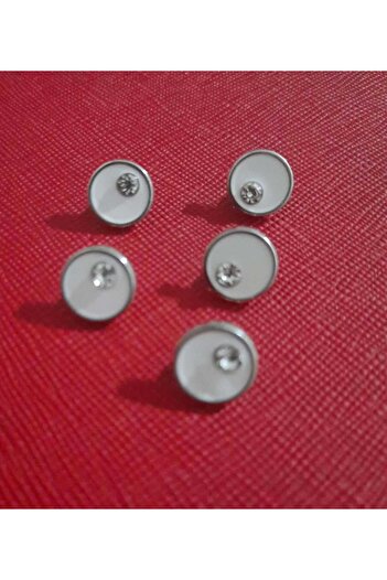 Beyna Silver Coated Metal Button with White Stone Enamel - 1 CM, 1 Pack, 5 Pieces