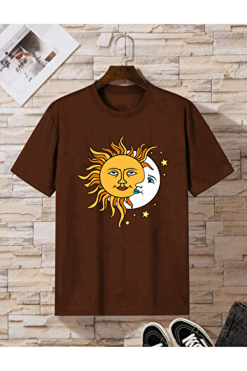 arıkoğlu kumaşçılık Μαύρο Oversize Sun Moon εμπριμέ γυναικείο χτενισμένο βαμβακερό μπλουζάκι