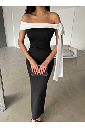 Secret Passion Lingerie ESNEK KUMAŞ YAKA BEYAZ KUMAŞ DETAYLI STRAPLEZ SİYAH ABİYE ELBİSE 744 582938