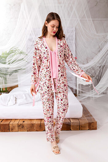 nisaNCa Kutulu Çeyizlik Zen Pijama Seti - Exclusive 3 Parça İpeksi Sabahlıklı Kadın Pijama Takımı