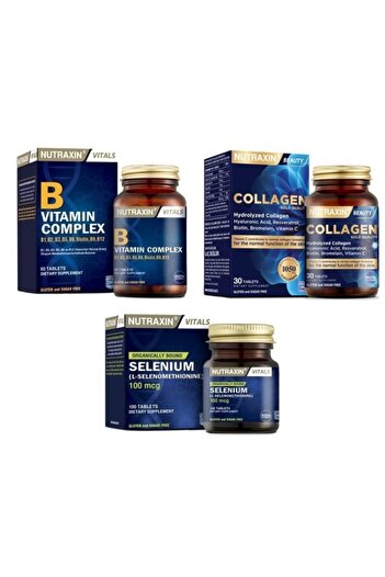 Nutraxin Selenium 100Mcg - 100 Tablets+Type 1 and Type 3 30 Tablets Containing Hydrolyzed Collagen+B Complex 60 Tablets