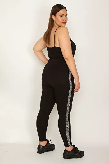 Şans Women's Large Size Black Cotton Fabric Side Patterned Leggings Trousers 65n26160