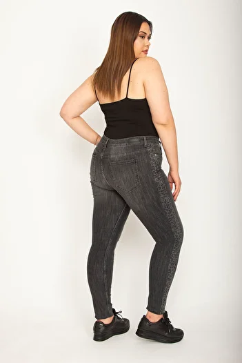 Şans Women's Large Size Anthracite Side Detailed Lycra 5 Pocket Skinny Leg Jeans 65n26400