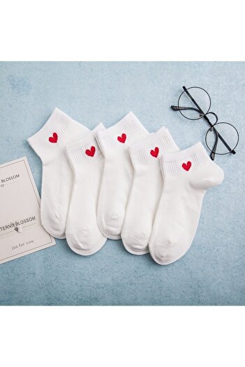 çorapmanya 5 Pairs of White Heart Patterned Half Socks for Women