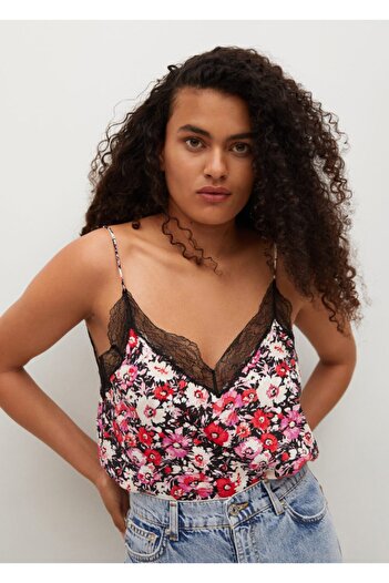 MANGO Woman Women's Black Patterned Lace Top