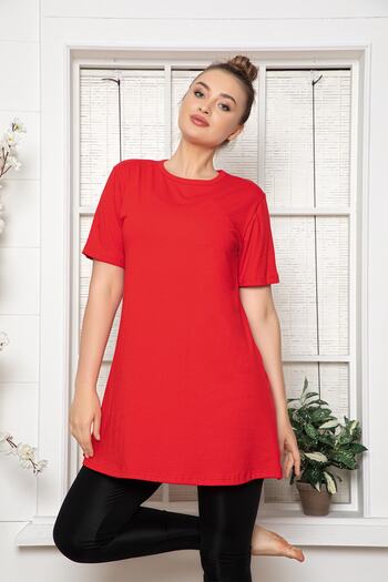 MyBen Women's Red Short Sleeve Cotton Crew Neck Combed Cotton Tunic Slm06