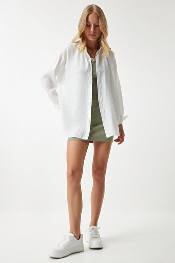 Happiness İstanbul Πουκάμισο Ecru Linen Oversize - Long Ayrobin TO00141