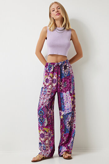 Happiness İstanbul Women's Plum Ecru Patterned Draped Viscose Palazzo Trousers EN00606